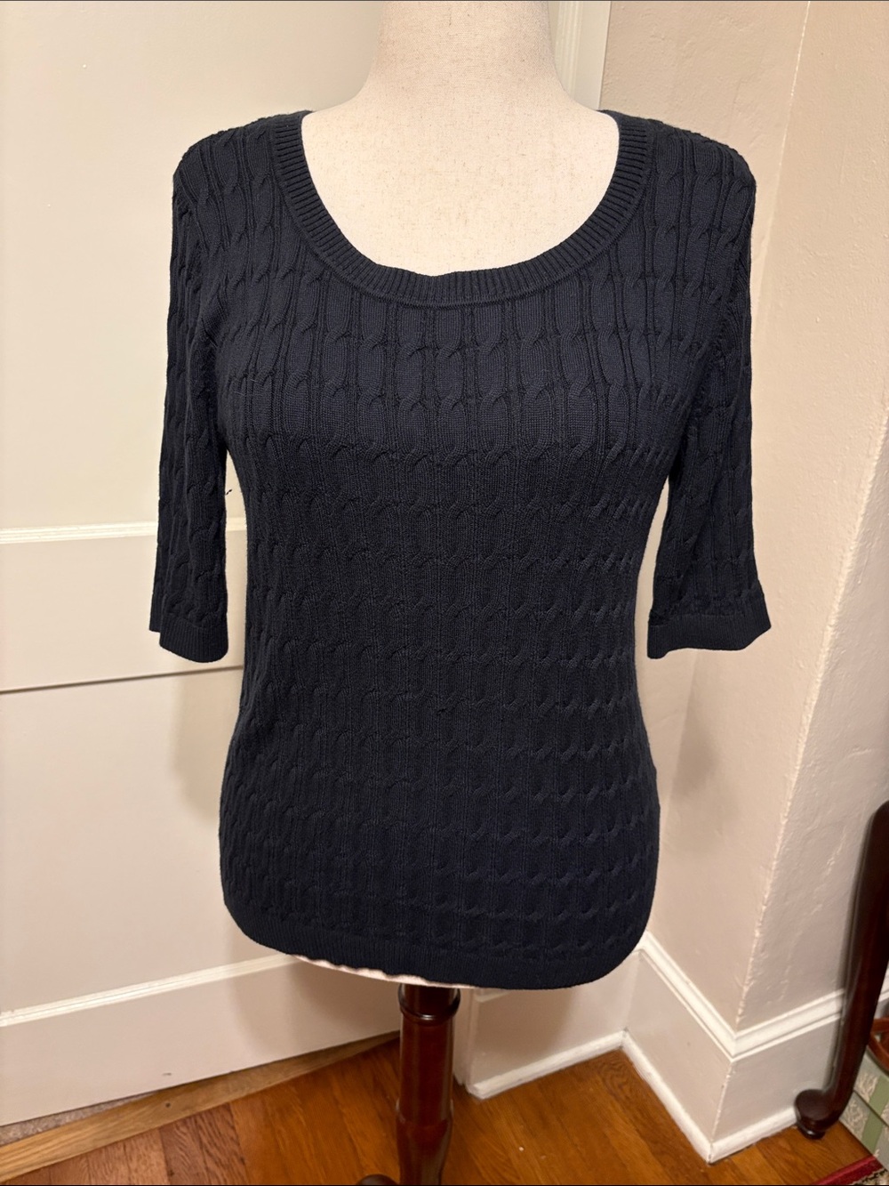 Lands' End Navy Cable Knit Scoop-Neck Short-Sleeve Sweater